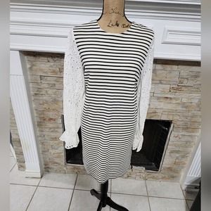 English Factory black and white striped knit dress with eyelet‎ long sleeves Med